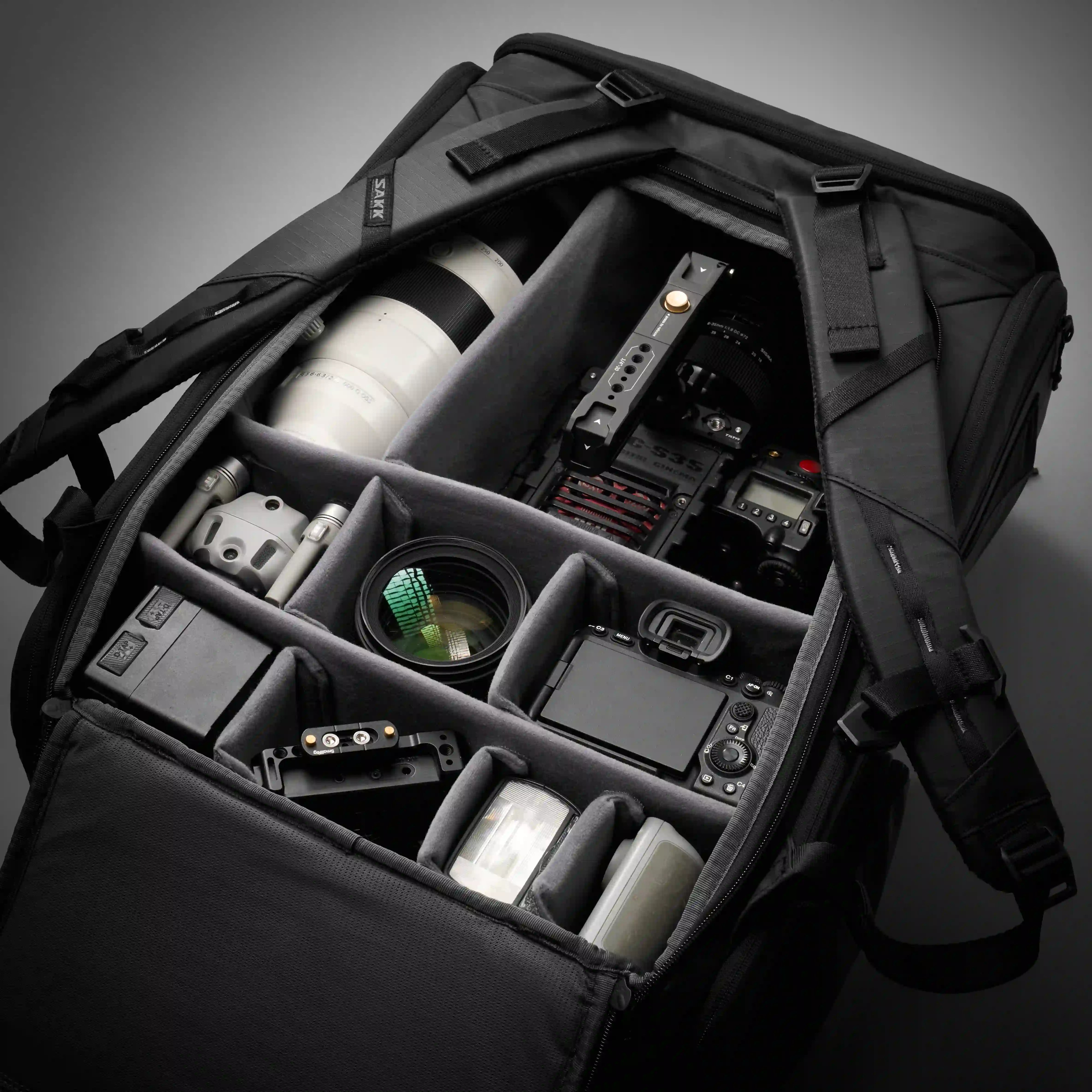 Large camera bag holding camera equipment