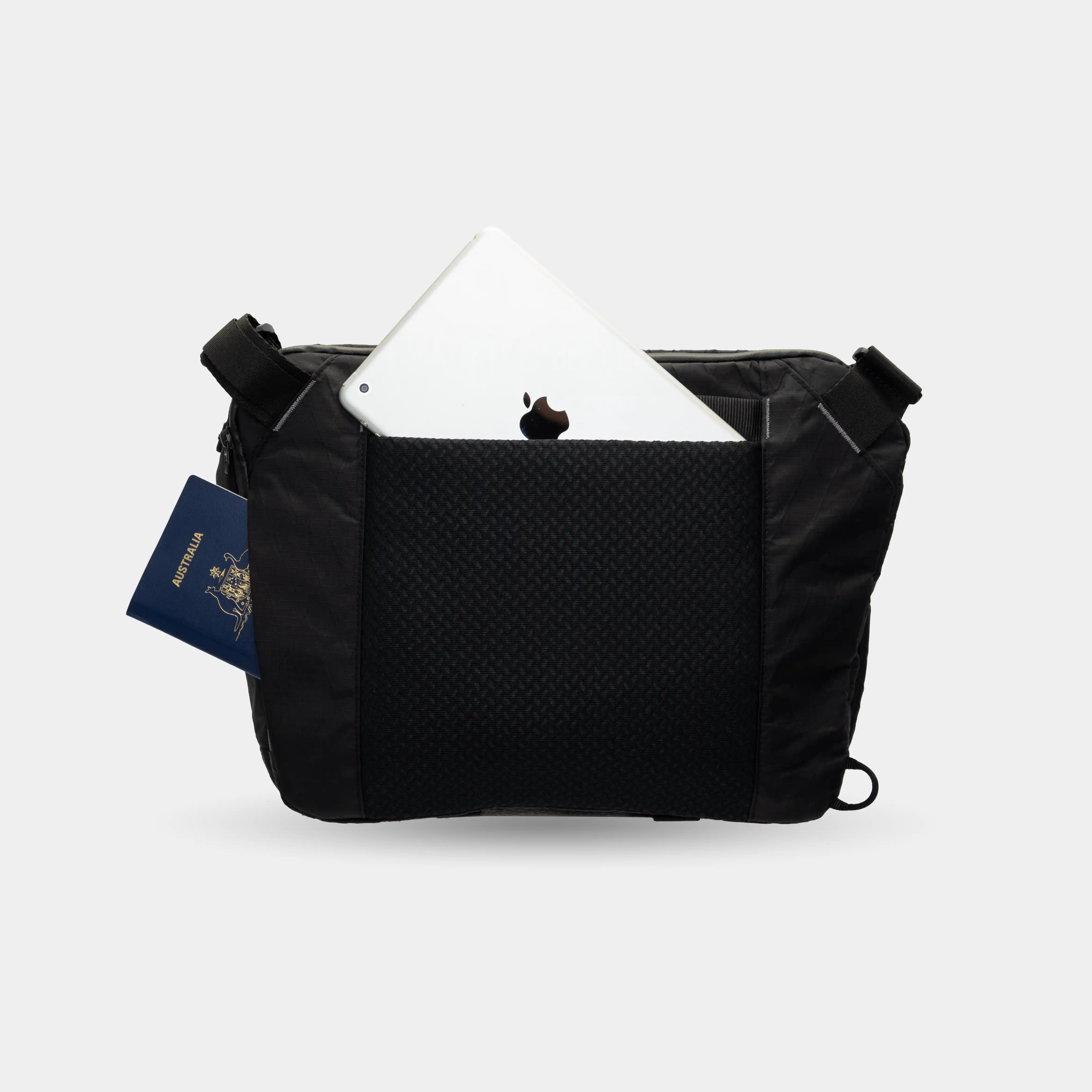Compact travel sling bag for cameras, lenses, laptop, and accessories. Keeps gear organized and protected.