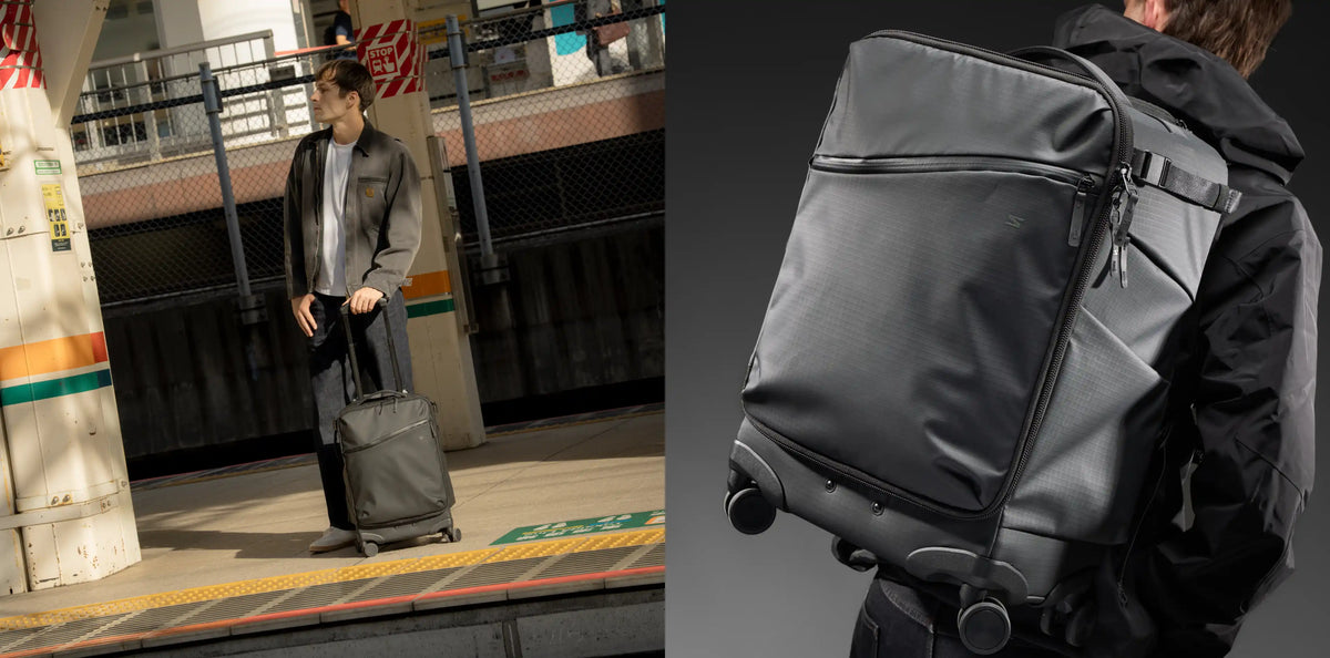 A dark gray rolling suitcase backpack shown in two views: one worn by a person at a train station platform, and one close-up from the back on a dark background.