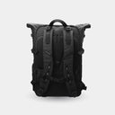 Black backpack on a light gray background