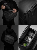 Black sling bag being held by a person, with close-up details of the bag's design and compartments