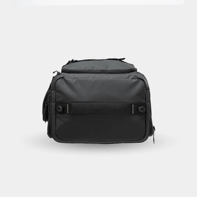 Black backpack on a light gray background