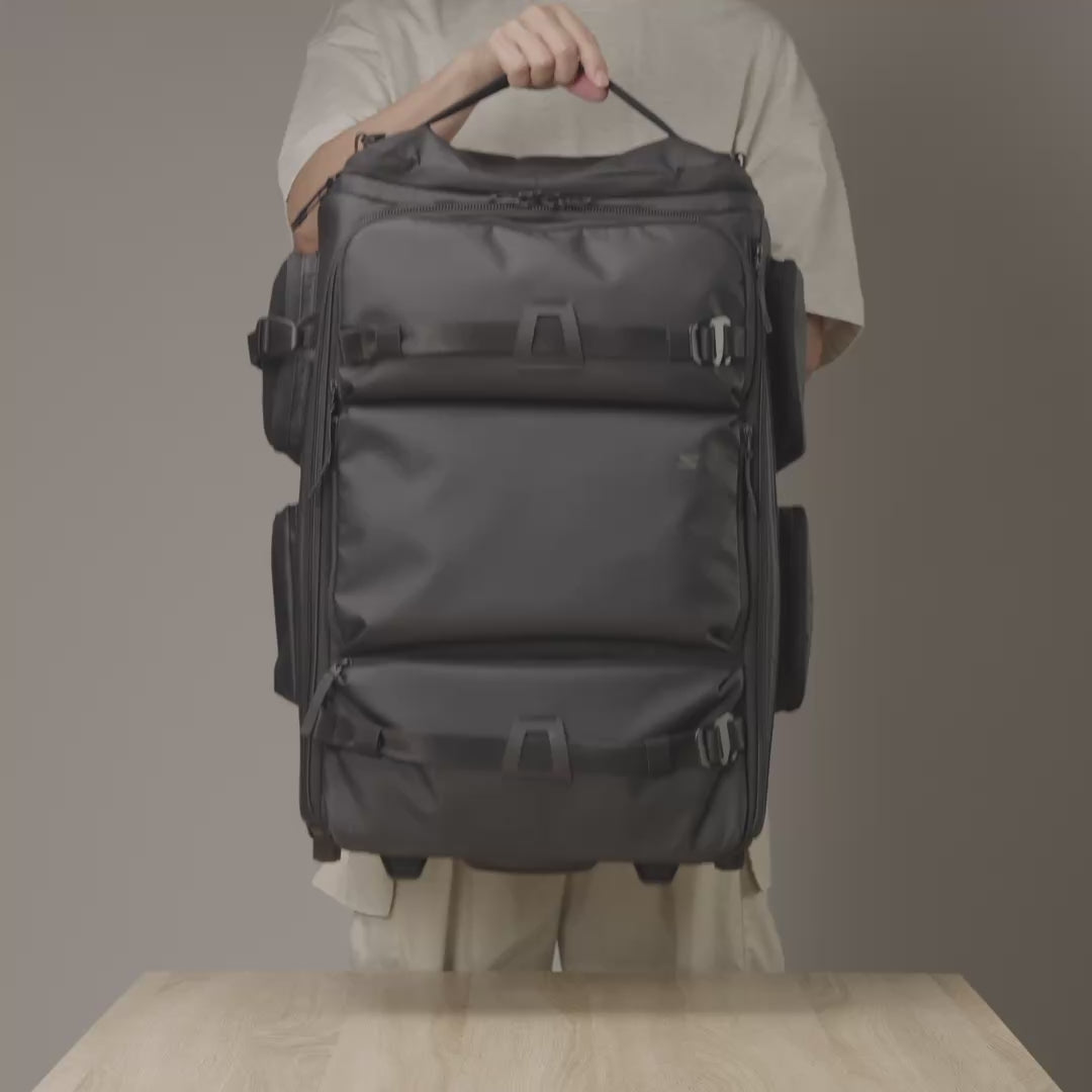 Video showcasing the Cine Pro Carry-On Roller for camera gear, highlighting its spacious interior, organized storage compartments, and rolling design for transporting cameras, lenses, and filming equipment while traveling.