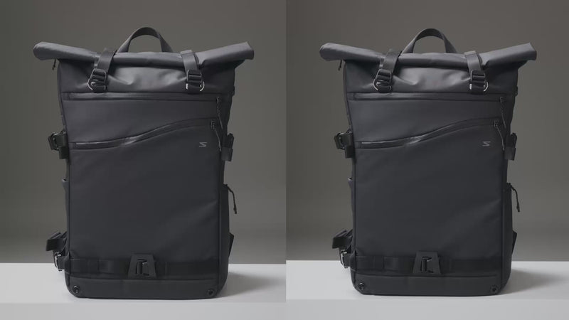 rolltop backpack being packed